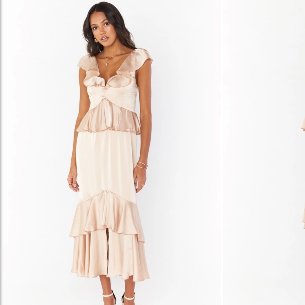 Show Me Your Mumu Reese Ruffle dress Lux champagne satin